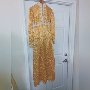 *VINTAGE* 1970s Bridesmaid Dress,  hand-sewn, yellow-gold satin with lace trim